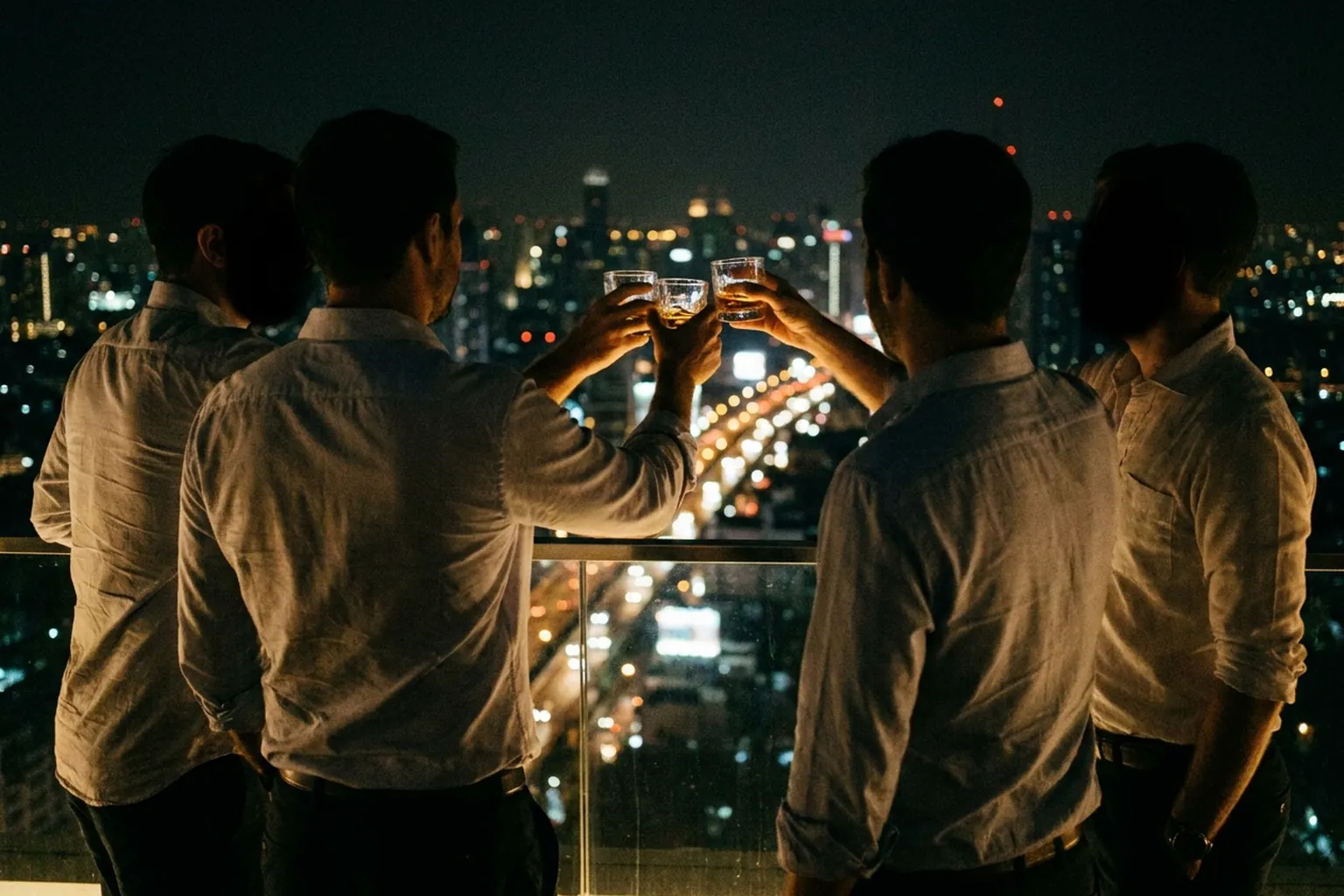 A group toasting on a Bangkok rooftop bar above the city skyline at night